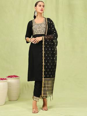 Black color cotton blend ethnic ready to wear women's kurta set 1