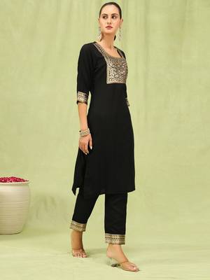 Black color cotton blend ethnic ready to wear women's kurta set 4