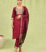 Maroon color cotton blend ethnic ready to wear women's kurta set