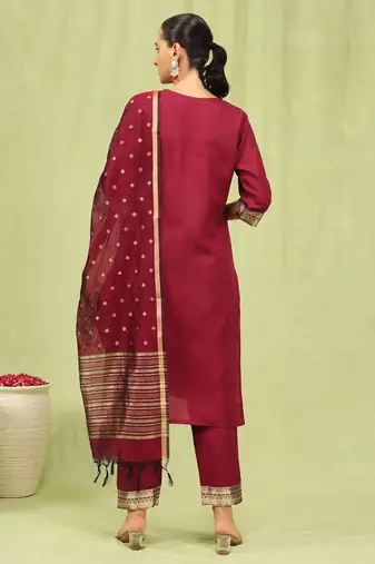 Maroon color cotton blend ready to wear women's kurta set