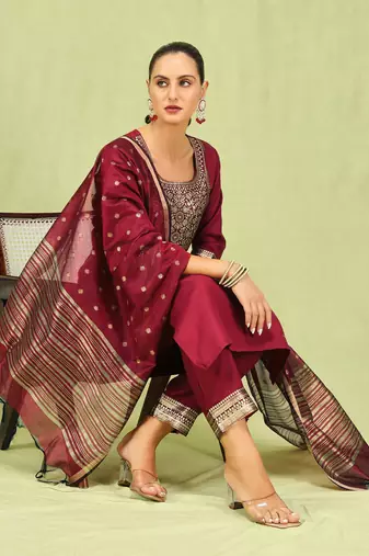 Maroon color cotton blend ready to wear women's kurta set