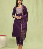 Purple color cotton blend ethnic ready to wear women's kurta set