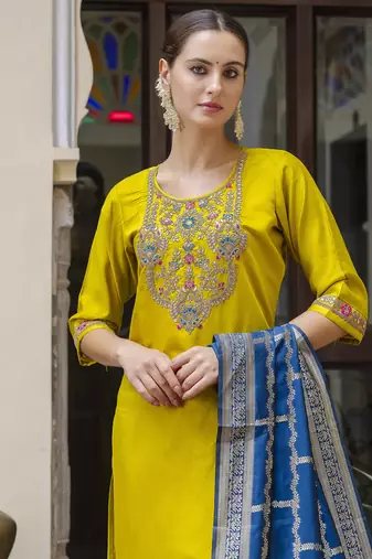 Yellow color viscosee rayon ready to wear women's kurta set