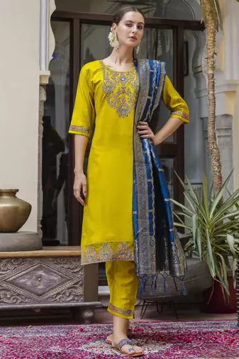 Yellow color viscosee rayon ready to wear women's kurta set