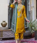 Yellow color silk blend ethnic ready to wear women's kurta set