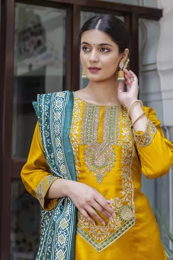 Yellow color silk blend ready to wear women's kurta set