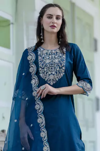 Teal color silk blend ready to wear women's kurta set