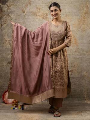 Brown color cotton silk  graceful festive wear readymade suit with dupatta 1