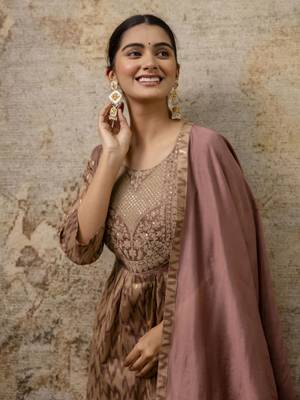 Brown color cotton silk  graceful festive wear readymade suit with dupatta 3