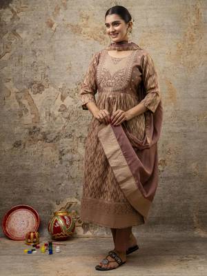 Brown color cotton silk  graceful festive wear readymade suit with dupatta 4