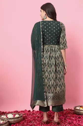 Green color cotton silk graceful festive wear readymade suit with dupatta