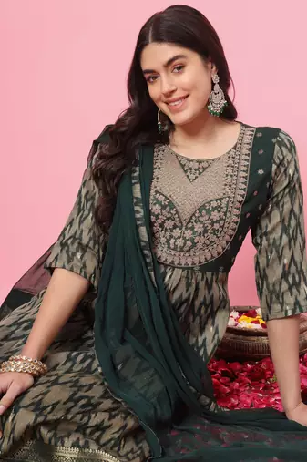 Green color cotton silk graceful festive wear readymade suit with dupatta