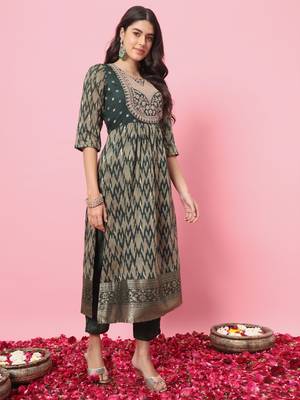 Green color cotton silk graceful festive wear readymade suit with dupatta 4