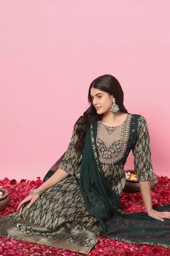Green color cotton silk graceful festive wear readymade suit with dupatta