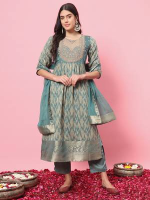 Sky blue color cotton silk graceful festive wear readymade suit with dupatta 1