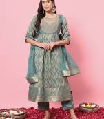 Sky blue color cotton silk graceful festive wear readymade suit with dupatta