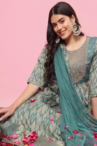 Sky blue color cotton silk graceful festive wear readymade suit with dupatta