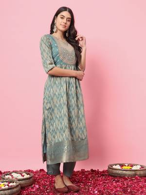 Sky blue color cotton silk graceful festive wear readymade suit with dupatta 4