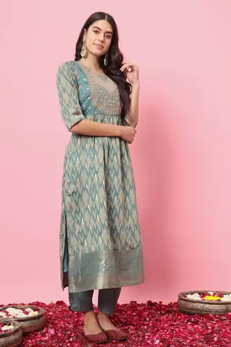 Sky blue color cotton silk graceful festive wear readymade suit with dupatta
