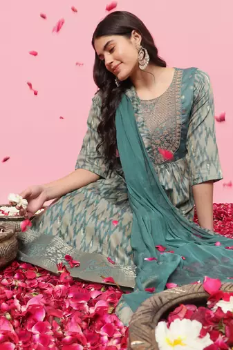 Sky blue color cotton silk graceful festive wear readymade suit with dupatta