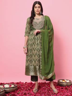 Mahendi color cotton silk graceful festive wear readymade suit with dupatta 1