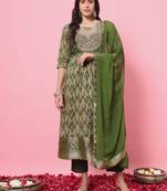 Mahendi color cotton silk  graceful festive wear readymade suit with dupatta