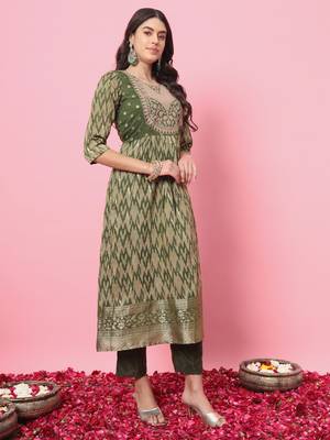 Mahendi color cotton silk graceful festive wear readymade suit with dupatta 4