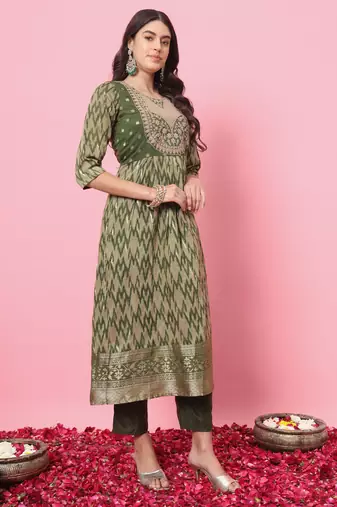 Mahendi color cotton silk graceful festive wear readymade suit with dupatta