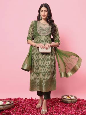 Mahendi color cotton silk graceful festive wear readymade suit with dupatta 5