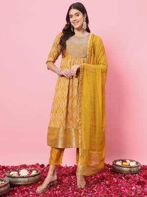 Mustard color cotton silk graceful festive wear readymade suit with dupatta 1
