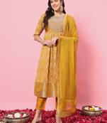 Mustard color cotton silk graceful festive wear readymade suit with dupatta