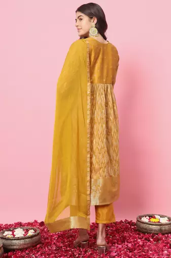 Mustard color cotton silk graceful festive wear readymade suit with dupatta