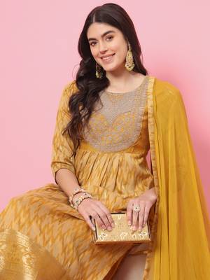 Mustard color cotton silk graceful festive wear readymade suit with dupatta 3