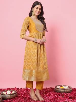 Mustard color cotton silk graceful festive wear readymade suit with dupatta 4