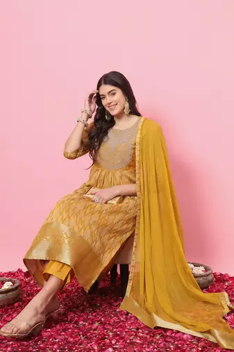 Mustard color cotton silk graceful festive wear readymade suit with dupatta