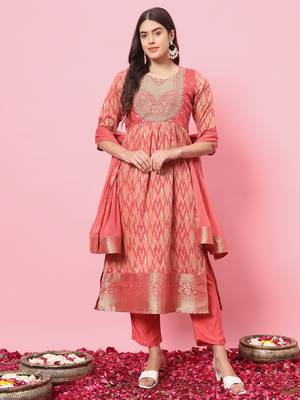 Peach color cotton silk graceful festive wear readymade suit with dupatta 1