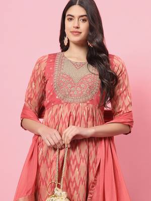 Peach color cotton silk graceful festive wear readymade suit with dupatta 3