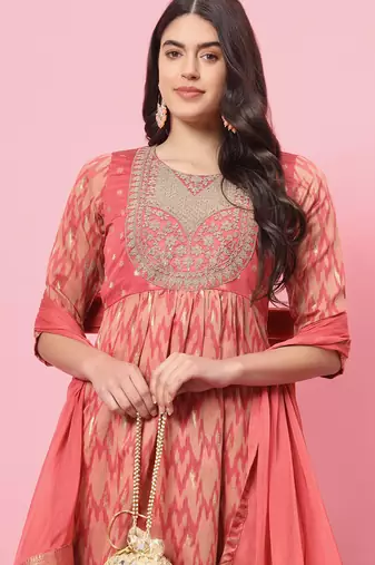 Peach color cotton silk graceful festive wear readymade suit with dupatta