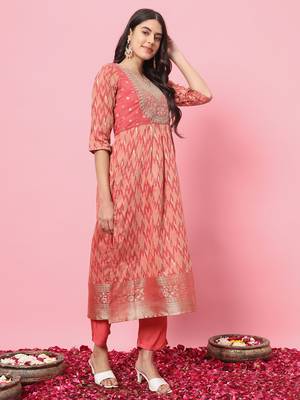 Peach color cotton silk graceful festive wear readymade suit with dupatta 4