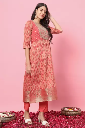 Peach color cotton silk graceful festive wear readymade suit with dupatta