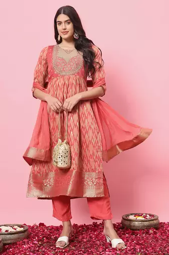 Peach color cotton silk graceful festive wear readymade suit with dupatta