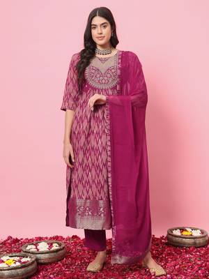 Purple color cotton silk  graceful festive wear readymade suit with dupatta 1
