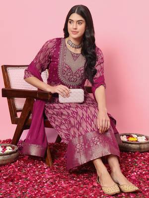 Purple color cotton silk  graceful festive wear readymade suit with dupatta 5