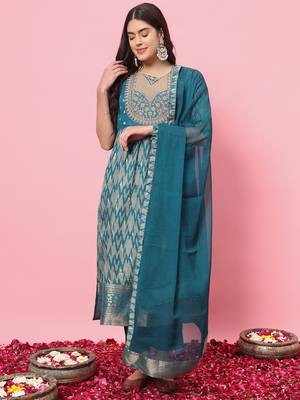 Teal blue color cotton silk  graceful festive wear readymade suit with dupatta 1