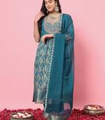 Teal blue color cotton silk  graceful festive wear readymade suit with dupatta