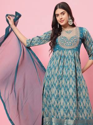 Teal blue color cotton silk  graceful festive wear readymade suit with dupatta 3