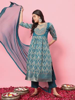 Teal blue color cotton silk  graceful festive wear readymade suit with dupatta 4
