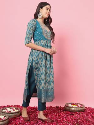 Teal blue color cotton silk  graceful festive wear readymade suit with dupatta 5