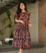Coffee color floral designer printed faux georgette fabric long kurta