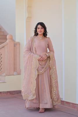 Beautiful chiku color chiffon color evening ceremonial wear gown with dupatta 1